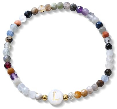 BodyBonita Pulsera Elástica con Inicial de Piedra Natural y Cuentas de Nácar Sintético con Letras de la L para Hombre y Mujer