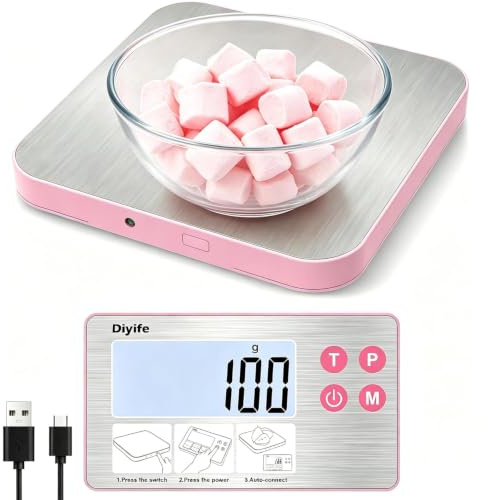 Diyife 15KG Rechargeable Balance Cuisine, Design Divisé, Acier Inoxydable 304, Écran LCD Éclairé,Mesure Liquide, Comptage & Tarage, USB-C + Batterie, Rose