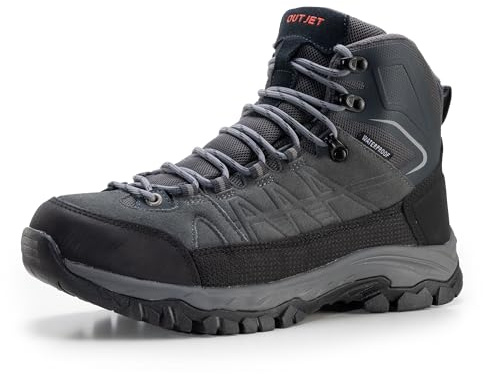 OUTJET Men's Waterproof Hiking Boots Lightweight Comfortable Leather Mid Ankle Outdoor Trekking Boot, Grey-2, 10.5