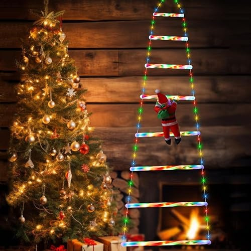 dididudi Christmas Ladder Lights with Climbing Santa, Outdoor Christmas Decorations Santa Claus Climbing Ladder Lights 160cm Led, 8 Light Modes, USB Plug-in Use, Waterproof for Garden Wall Window