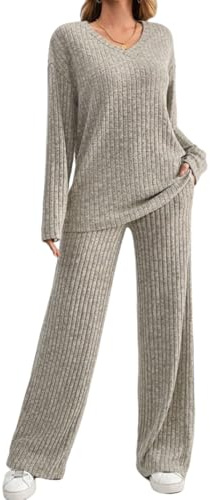 DURINM Conjunto Punto Mujer 2 Piezas Casual Ropa Verano Manga Larga de Punto y Cómodo Pantalon Suelto Moda Conjuntos Loungewear Deportivo Invierno Yoga Fitness Mujer Vestir Dos Piezas