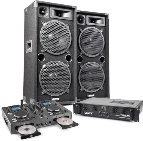 MAX MAX210 Dual 10 DJ PA Speaker Full Passive Sound System with 2000W Rack Amplifier, Pro DJ CD Mixer, Cables, Complete DJ Gear PA Package for Home, Bedroom, Events, and Mobile Gigs