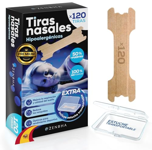 120 Tiras nasales para dormir ZENBHA hipoalergénicas +50% adhesión, ayuda anti ronquidos para dormir y a respirar mejor por la nariz, ideales como tiras nasales deportivas, con estuche transportable