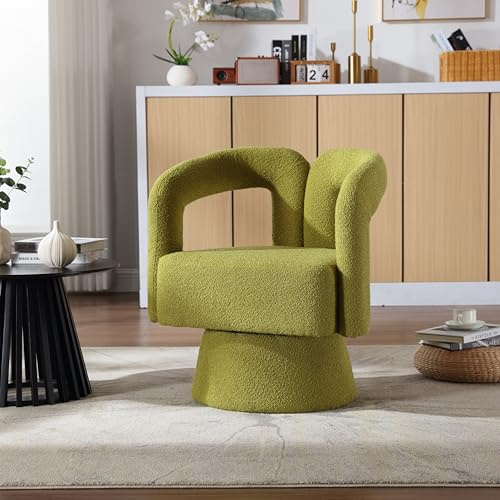 OKMYHOME - Sillón giratorio 360° con asiento tapizado en tejido rizado, marco madera y metal, carga 150 kg, 67 x 55 x 74 cm, Olivgrün