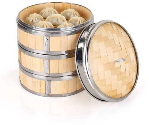 WENLISELL 3 Tier Bamboo Steamer 8 Inch, Dumpling Steamers with Lid