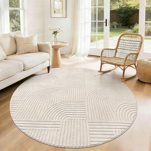 SHACOS Waschbarer Teppich Rund, Runder Teppich rutschfest, Beige 160x160 cm