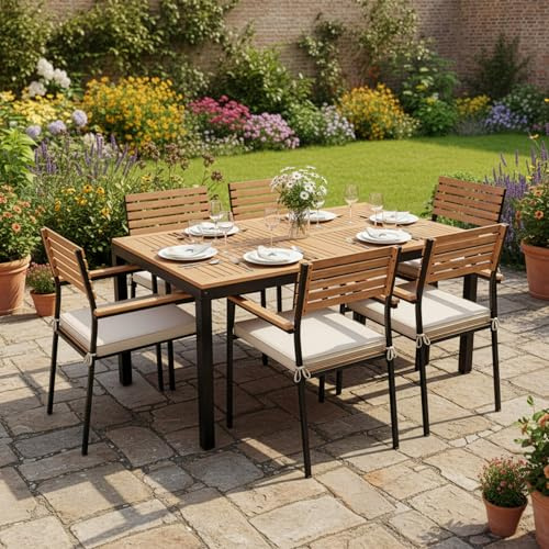 Juskys Salon de Jardin en Bois d'acacia Rhodos - Table, 6 chaises & Coussins - Mobilier de Jardin en Bois, 7 pièces - Meubles de Balcon - Mobilier d'extérieur Bois Naturel & Noir