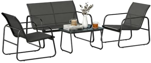 Outsunny Conjunto Jardín Exterior de 4 Piezas con Sofá 2 Plazas Gris Oscuro | Muebles Jardín Exterior, 2 Sillones, Mesa de Vidrio Templado, Tela de Textilene Transpirable, Estructura de Acero