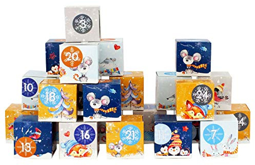 Papierdrachen Adventskalender zum Befüllen - Kisten Set - Motiv Waldtiere in grau, dunkelblau, hellblau & gelb - 24 bunte Schachteln aus Karton zum Aufstellen und Befüllen - 24 Boxen - Weihnachten