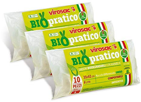 VIROSAC Biopratico - Sacchetti Per Rifiuti Biodegradabili 35x42, con maniglie estraibili, 10 pezzi per rotolo, kit da 3 rotoli