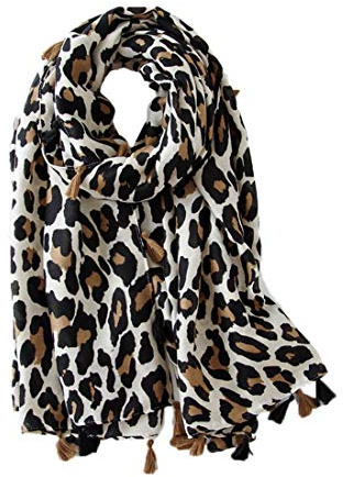 KRUIHAN Femmes Doux Long Cou Écharpe - Dames Mode Léopard Animal Motif Châle Soirée Élégant Accessoires avec Gland(StyleB/Beige)