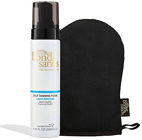 Bondi Sands - Mousse autobronzante Light/Medium - Bronzage naturel sans soleil, Hydratant, Facile à appliquer, 200 ml & Gant autobronzant réutilisable - Application Mitt
