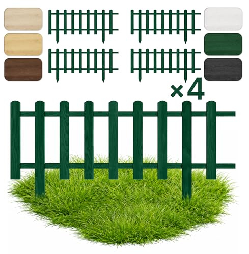 Floranica Set of 4 Garden Border Fence Picket Fence Decorative Fence 20 cm x 100 cm Green Wooden Garden Fence Decorative Fence Slatted Fence Lawn Edge Impregnated Enclosure for Paths