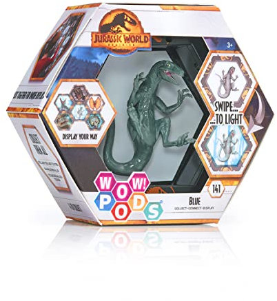 WOW! STUFF PODS - Jurassic Dominion - Velociraptor Blue | Figurine lumineuse à tête branlante | Produit officiel Fallen Kingdom - Jouets et cadeaux pour garçons et filles - 10,2 cm