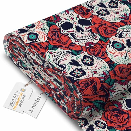 DreamRoots Tissu imperméable extérieur au metre 160 cm Largeur - Toile exterieure impermeable 100% de polyester 600D 220g/m - Tissus au metre ameublement Red Roses Skull 1M