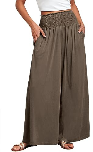 ANRABESS Women Palazzo Pants Summer Boho Bagyy Wide Leg High Smocked Waist Casual Loose Lounge Pant with Pocket Coffee XX-Large