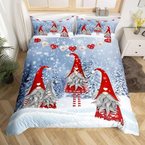 Christmas Gnome Duvet Cover Christmas Dwarf Pattern Red Blue Bedding Set for Kids Boys Girls Teens Decor Xmas Snowy Scenery Comforter Cover Four Dwarfs Bedspread Cover 3Pcs Zipper Super King