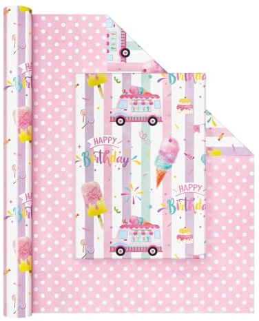 WERNNSAI Papier d'Emballage Crème Glacée - 1 Rouleau Papier d'Emballage pour Crème Glacée Joyeux Anniversaire Filles Enfants Rose Réversible À Pois Décoration Fête Piscine d'Été 43cm x 10m