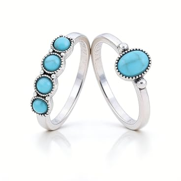 Cimenexe Bohemien Anelli Argento Turchese Pietra Anelli Blu Nocche Vintage Ovale Turchese Gioielli Per Donne E Ragazze Regali 2 Pezzi