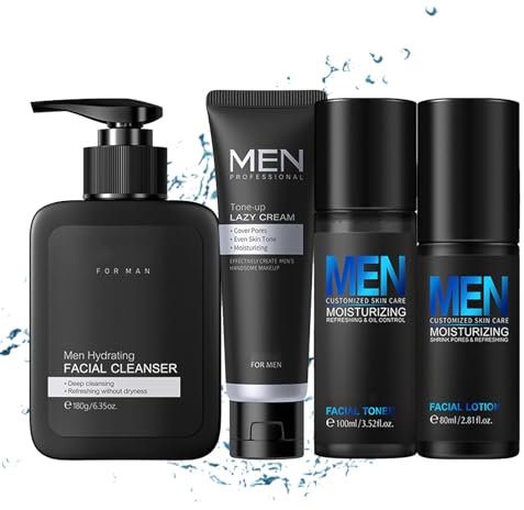 Gesichtspflege Männer, Geschenke für Männer, Hautpflege Männer, Männer Gesichtspflege Set, Skin Care Set, 4-tlg Skincare Men - Feuchtigkeitscreme, Gesichtsreinigung, Toner und Tone-up Creme