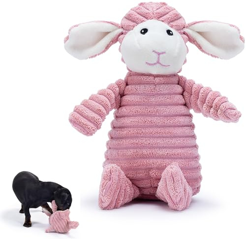 Zappi Co Pink Lamb Plush Dog Toy with Squeaker – Soft, durable, ribbed design for play, suitable for small and medium dogs. Ideal for engaging playtime.