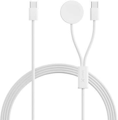Xlayer Cable 2 en 1 de tejido fino con USB tipo C y cargador de Apple Watch de 1,5 m, cable de carga para Apple, Android, así como smartphone y tablet, color blanco