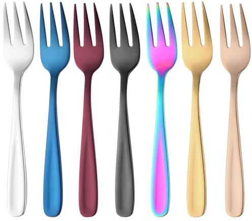 HTRTRR Set di 7 forchette da dessert in acciaio inox 18/10, mini forchette colorate per torte e snack e frutta, per casa, ufficio, negozio, festa di nozze