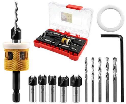 DARTOTEK Countersink Drill Bit Set 82 Degree Counter Bore Carbide Tipped Adjustable Depth Stop HSS Tapered Drill Head 3.2MM 3.6MM 4MM 4.4MM 4.8MM for Wood, Plastic, Woodworking, Quick Release Hex