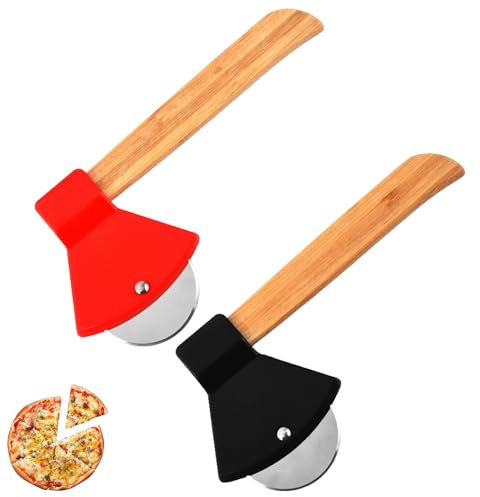 2 Stück Pizzaroller,Pizzaschneider Lustig,Edelstahl Pizza Aus Axt Lustige,Küchenhelfer Küchenutensilien Pizzarad,Spülmaschinenfest Holzgriff Multifunktionale,Pizzamesser Profi Pizzaschere Rot+Schwarz