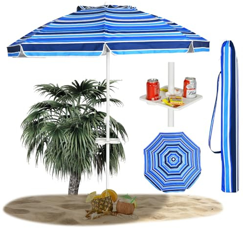 RELAX4LIFE Parasol de Plage avec Porte-Gobelet Ø220 cm | Parasol Inclinable Portable avec Tablette Amovible, Toile UPF 50+, Mât Alu et 8 Baleines en Fibre de Verre pour Patio, Piscine(Bleu foncé)