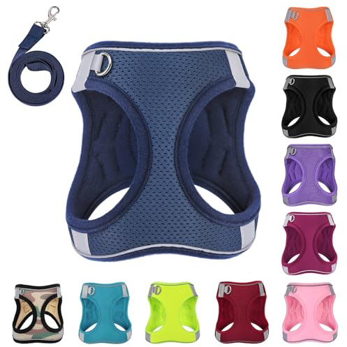 PWOD Dog Harness with Leash Set, No-Pull Step-in Reflective Pet Harness with 1 Leash Clips, Adjustable Soft Padded Easy Walk Dog Vest for Small Medium Large Dogs, Cats(Dark Blue, Large)