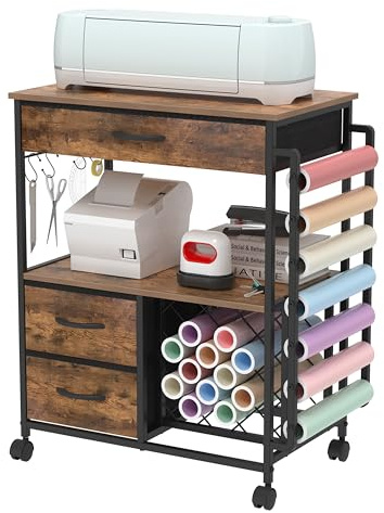 Trironsun Carrito de manualidades enrollable compatible con soporte de máquina de corte Cricut con cajones, soporte de vinilo, carrito de almacenamiento para accesorios de manualidades Cricut (marrón