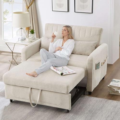 SHAIRMB Zweisitzer Sofa mit Schlaffunktion, Klappsofa mit Verstellbare Rückenlehne, Schlafcouch Ausziehbar, Bettcouch Schlafsofa mit Bettkasten, Kleine Sofas für Kleine Räume,01