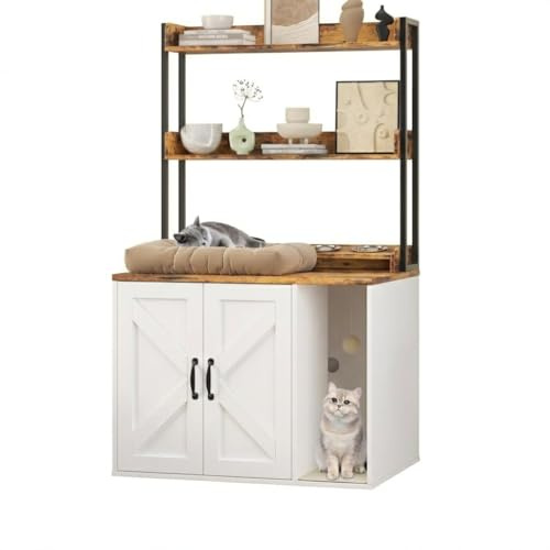 IDEALHOUSE 55 H Cat Litter Box Enclosure Hidden Litter Box Furniture Wooden Cat House with 2 Storage Shelves and Charging Sockets Large Indoor Cabinet for Living Room Entryway White&Rustic Brown