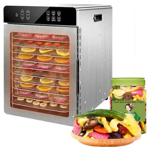 800w deshidratador de alimentos 10 bandejas acero inoxidable,9ft² temporizador digital control de temperatura de 86℉-194,4 programas preestablecidos para cecina casera,hierbas,frutas,verduras