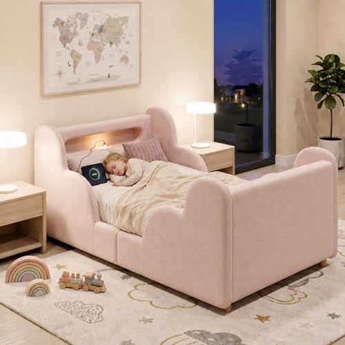 Huayz Cama acolchada para niños de 90 x 200 cm, cama individual con barandilla protectora, con luz nocturna y puerto de carga USB y compartimentos de almacenamiento, patas de cama de madera maciza