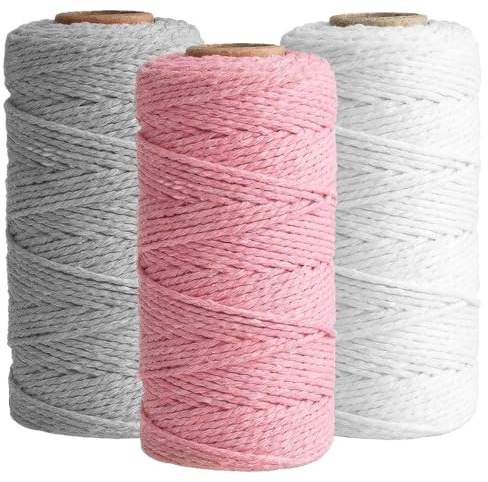 3 Rolls 2 mm x 100 m Cotton Macrame Cord Rope | Cotton Rope, Braided Macrame Yarn Twisted Cord String, Cotton Cord for Wall Hangings, Plant Hangers, Weaving, Crochet