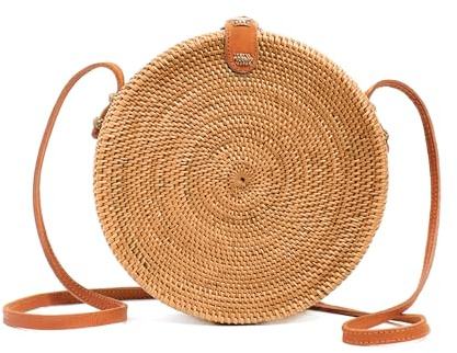 Novum Crafts Rattan Purse - Handmade Ata Straw Purse Wicker Woven Crossbody Bags - Cute Tan Brown Boho Beach Clutch and Handbags - Trendy Vacation Round Circle, Square Summer Purses for Women 2025