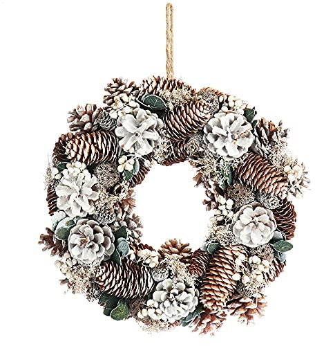 COM-FOUR® Corona di Natale per porte - Corona dell'Avvento con diversi tipi di coni e bacche bianche - Ghirlanda decorativa - Decorazione natalizia