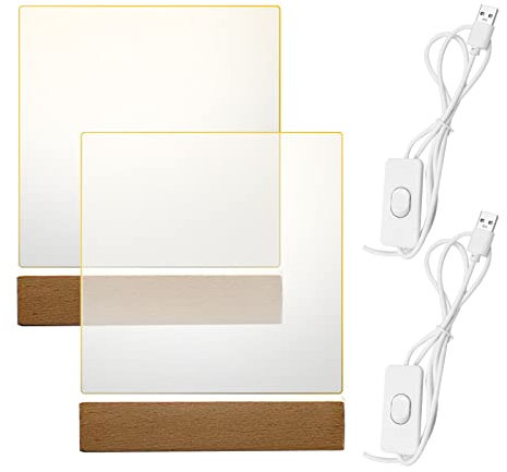 2 Pezzi di Base in Legno a LED con 2 Piastra in acylic, Colore Caldo Rettangolare in Legno Illuminato Base per lastra di Vetro Acrilico Cristallo Resina Arte (Piatto Alto Luce Calda)