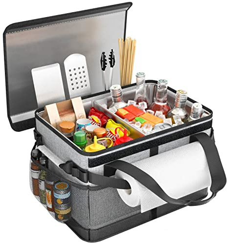 HULISEN Large Grill Caddy with Lid and Paper Towel Holder, BBQ Caddy for Outdoor Grill, Insulated Foldable Barbecue Picnic Caddy for Plates, Utensils, Camping Supplies, Travel or RV, Camper Must Haves