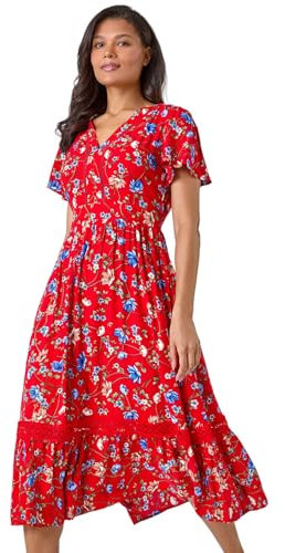 Roman Originals Shirred Empire Waist Dress for Women UK Ladies Midi Maxi Summer Spring Tiered Frill Hem Short Sleeve V Neck Button Through Boho Bohemian Holiday Cruise - Red Multi - Size 14