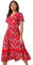 Roman Originals Shirred Empire Waist Dress for Women UK Ladies Midi Maxi Summer Spring Tiered Frill Hem Short Sleeve V Neck Button Through Boho Bohemian Holiday Cruise - Red Multi - Size 14
