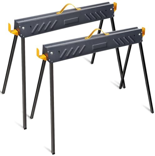 FORUP 2 Pack Heavy Duty Folding Portable Saw Horses Table, 1322 Lbs Load Capacity Metal Saw Horse with Fast Open Legs and Easy Grip Handle for Woodworking, Dark Grey & Yellow