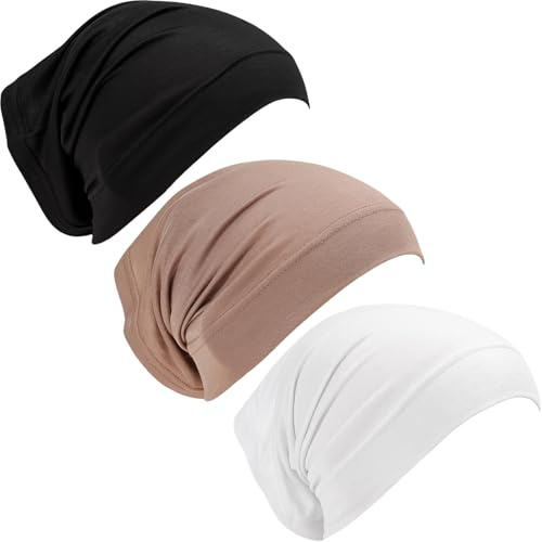 3 Pack Women's Cotton Tube Cap Hijab Underscarf - Breathable Black UnderCap for Hijab