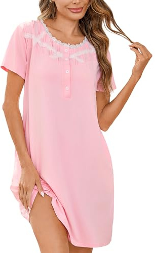 Litherday Nattlinne damer kortärmad bomull sovskjorta nattlinne sovkläder spets sovskjorta knappslå nattkläder med ficka, ROSA, XL