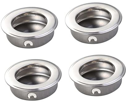 HOUDERCO Poignée de Porte Encastrée en Acier Inoxydable Argenté, Ronde et Plate, Fixation Invisible, Lot de 4 pour Armoire et Tiroir, Design Discret et Moderne