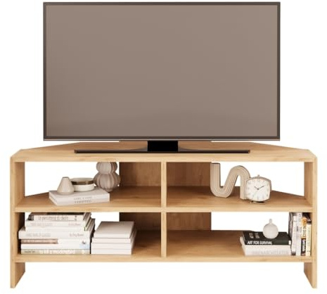Bimossa Roy Corner TV Stand – Space-Saving TV Unit for 43–48'' TVs, Compact Media Console with Open Shelves & Cabinet, Ready to Assemble, (oak)