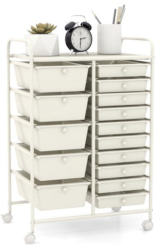 GIANTEX Carro de Almacenamiento con 15 Cajones Plásticos, Estantería con 4 Ruedas 360°, 2 Bloqueables, 63 x 37 x 87 cm, Carrito Auxiliar para Salón, Cocina, Baño (Blanco)