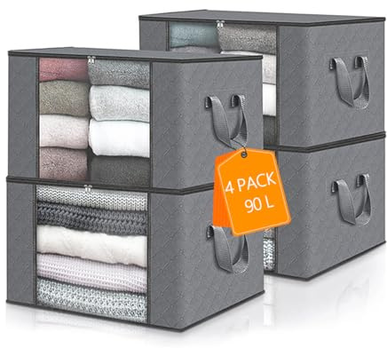 xianxikaitech 90L Storage Bags 4 Pack, Large Capacity Foldable Clothes Storage Box with Zips, Reinforced Handle and Clear Window for Comforters, Blankets, Bedding, Thick Fabric Organiser (Grey)